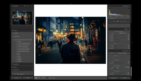 Screenshot of photo editing software showing a nighttime street scene with warm city lights and a lone figure.