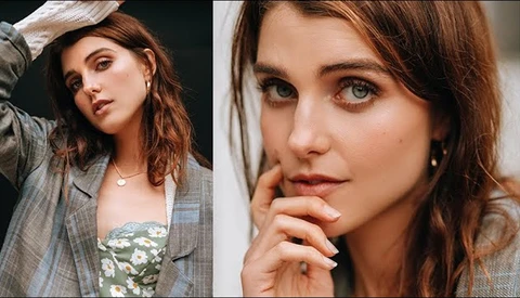 Portrait comparison showing a woman in casual blazer and floral top, photographed from two angles with natural lighting.