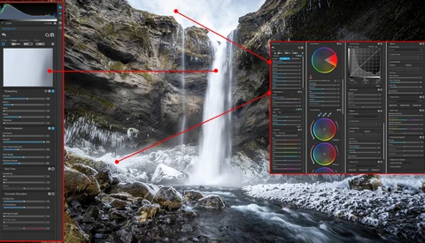 Screenshot of photo editing software displaying a waterfall landscape with adjustment panels and color wheels visible.