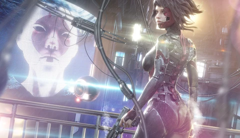 Illustration of a cyberpunk character in a neon-lit urban environment with holographic displays.