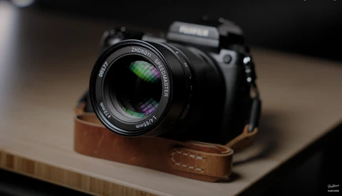 Mirrorless camera with prime lens mounted on brown leather half-case, positioned on wooden surface.