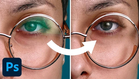 Screenshot of Adobe Photoshop demonstrating color correction on eyeglass lenses, with before and after comparison of eye color adjustment.