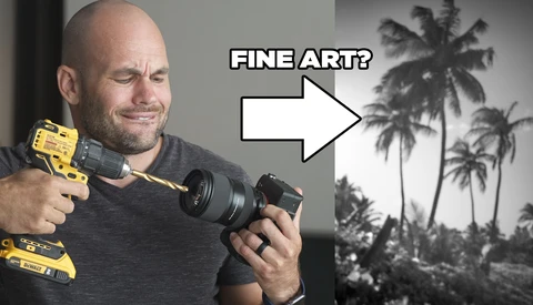 Photographer holding a camera and power drill, with an arrow pointing to a black and white palm tree landscape labeled "fine art."