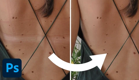 Before and after comparison showing skin retouching in Photoshop, with blemishes removed from chest area.