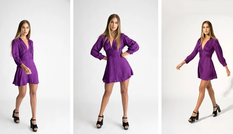 Woman in purple wrap dress with long sleeves shown in three posed positions against white background.