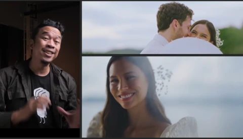 Filmmaker speaking at an event alongside wedding photography samples featuring couples outdoors.