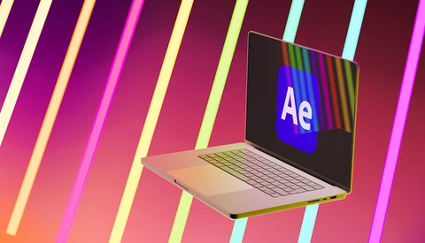 Laptop displaying After Effects interface against colorful neon striped background.