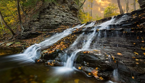 Cascading waterfall flowing over dark layered rock formations with golden autumn leaves scattered across the surface.