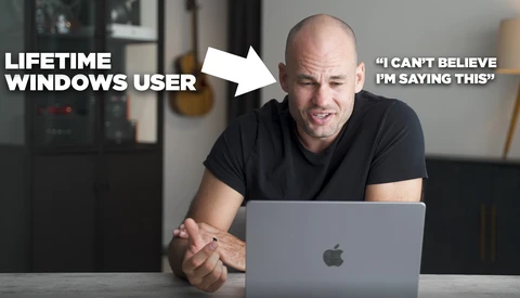 Meme showing a man at a laptop with text contrasting a lifetime Windows user reacting with disbelief.