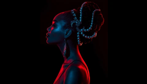 Profile portrait with neon red and blue lighting on dark background.