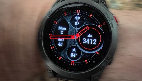 Smartwatch display showing time 3412 with step counter, weather, and day of week information.