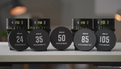 Five Meike prime lenses arranged in focal length order from 24mm to 105mm, displaying aperture markings on their front elements.
