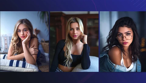 Three portrait photographs of women with different styling and lighting setups displayed side by side.