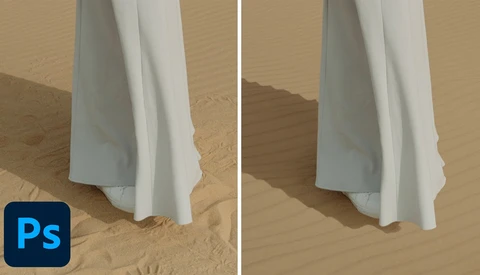 Screenshot demonstrating fabric wrinkle correction in Photoshop, comparing before and after edits of white fabric on sand.