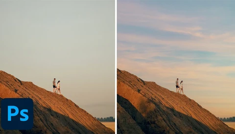 Before and after comparison showing sky and landscape enhancement in photo editing software.