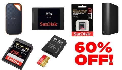 Collection of SanDisk storage devices including portable SSDs, SD cards, and memory cards arranged around a red "60% OFF!" promotional graphic.
