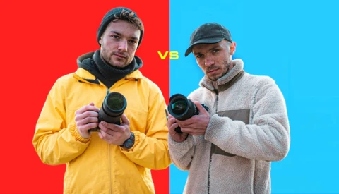 Two photographers holding compact cameras against split red and blue backgrounds in a versus-style comparison.