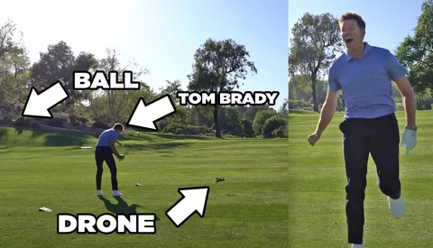Diagram showing a golf shot setup with labeled elements including a ball, drone, and person in athletic wear on a grass field.