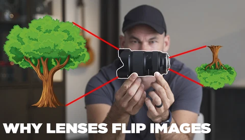 Photographer holding a camera with illustrated trees and red lines showing light ray paths through lenses.