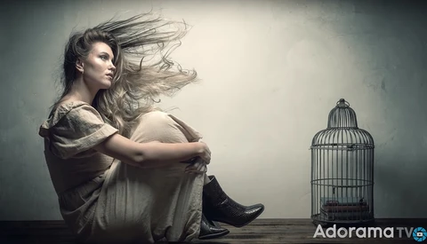 Woman sitting against a wall beside an empty birdcage, hair flowing, contemplative pose.