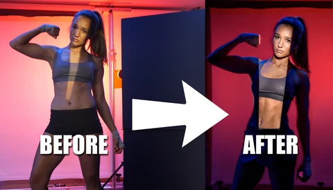 Before and after comparison showing fitness transformation with neon pink and blue gel lighting.