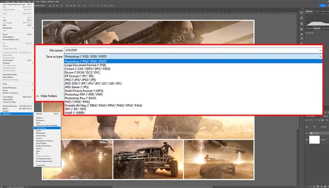 Screenshot of Photoshop file save dialog showing PSD format options and folder structure.