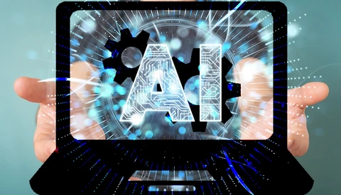 Illustration of an AI symbol emerging from a laptop screen surrounded by glowing digital effects and gear icons.