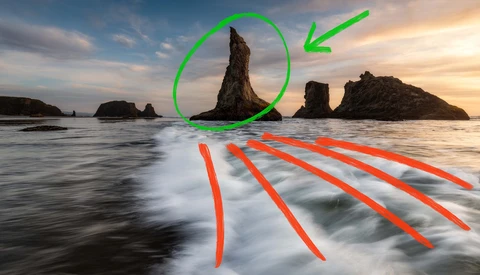 Coastal rock formations at sunset with long-exposure water and compositional guide lines overlaid.