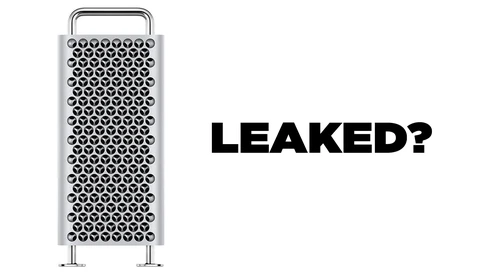 Mac Pro tower with perforated metal casing and the word 'LEAKED?' beside it in bold sans-serif type.