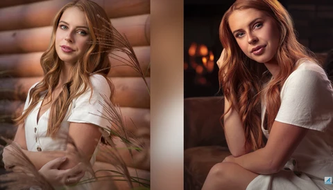 Side-by-side portrait comparison showing warm, golden-hour lighting on a woman in white clothing against wooden and dark backgrounds.