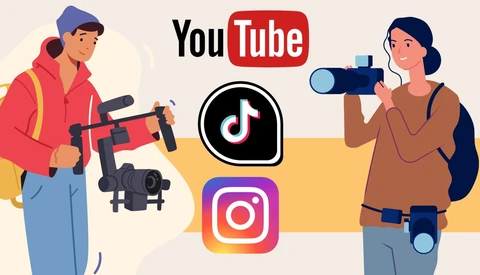 Illustration of two content creators with professional video equipment and social media platform logos.