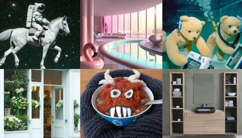 Collage of six diverse visual compositions including space, interior design, wildlife, and product photography.