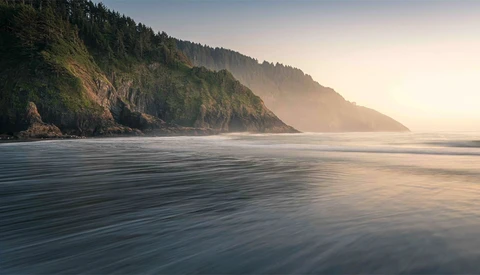 Misty coastal landscape with forested cliffs rising from calm water at sunrise.