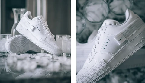 Two white sneakers photographed from different angles against a minimalist backdrop with glasses and ice.