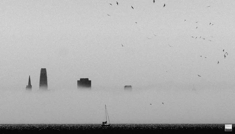 Sailboat on water with city skyline shrouded in dense fog and birds flying overhead.