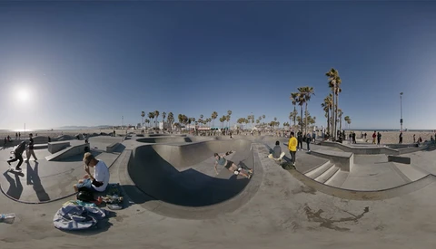 Wide-angle view of a skate park with concrete bowls and ramps, visitors scattered throughout, palm trees lining the background under clear sky.