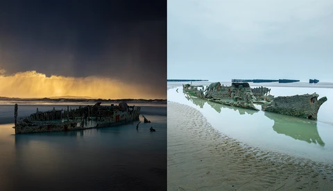Abandoned shipwrecks photographed at different times of day, showing dramatic lighting and decay.