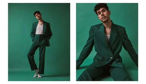 Man in dark green suit with white shirt against teal background, shown in two portrait compositions.