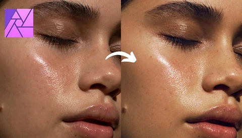 Side-by-side comparison of skin retouching showing before and after editing of a person's face and neck area.