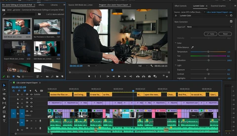 Screenshot of video editing software showing filmmaker working with camera equipment in timeline-based interface.
