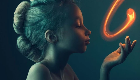 Woman in profile gazing at a glowing orange neon curve suspended in teal-lit darkness.