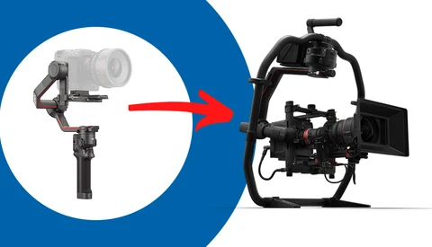 Compact three-axis gimbal stabilizer shown alongside full cinema camera rig with articulating arm.