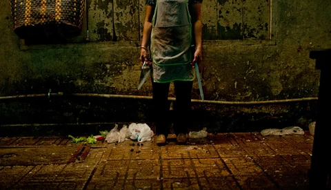 Person in apron standing over fish on tiled floor against weathered green wall.