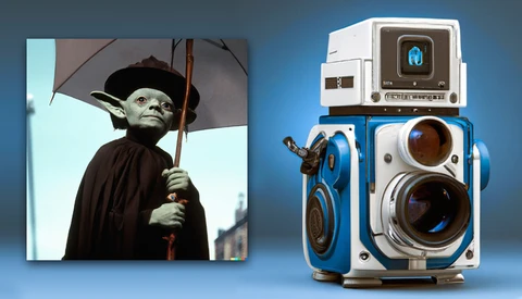 Vintage camera equipment displayed next to a film still featuring a character in dark robes holding a staff.