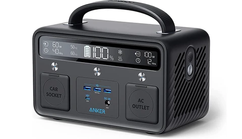 Anker portable power station with digital display, USB ports, and AC/car socket outlets.