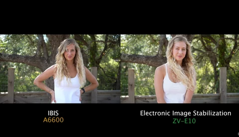 Side-by-side comparison of portrait stabilization: IBIS A6600 on left, Electronic Image Stabilization ZV-E10 on right.