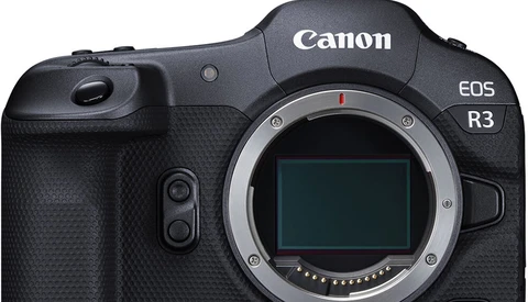 Canon EOS R3 mirrorless camera body without lens, showing sensor and mount contacts.