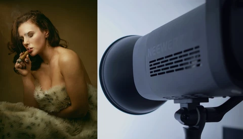 Portrait of woman with warm studio lighting beside a professional studio flash unit.