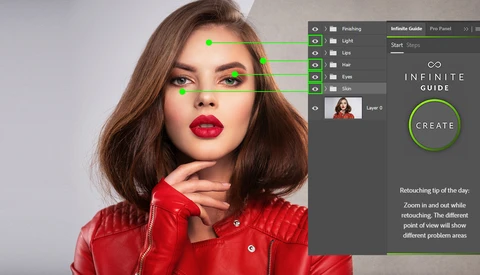 Screenshot of retouching software showing facial feature mapping on a beauty portrait.
