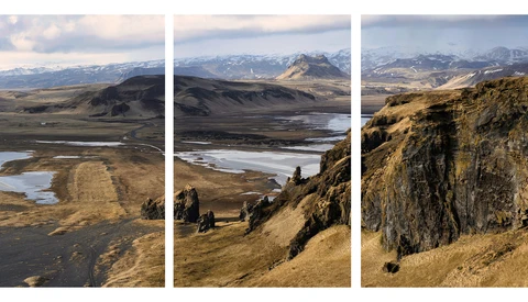 Triptych of Icelandic highland landscape featuring basalt mountains, glacial valleys, and volcanic terrain under overcast sky.